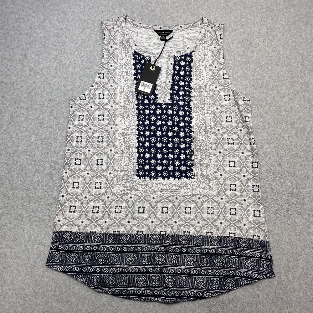 Lucky Brand Top Womens Medium Blue Gray Sleeveless Boho Border Print Summer
